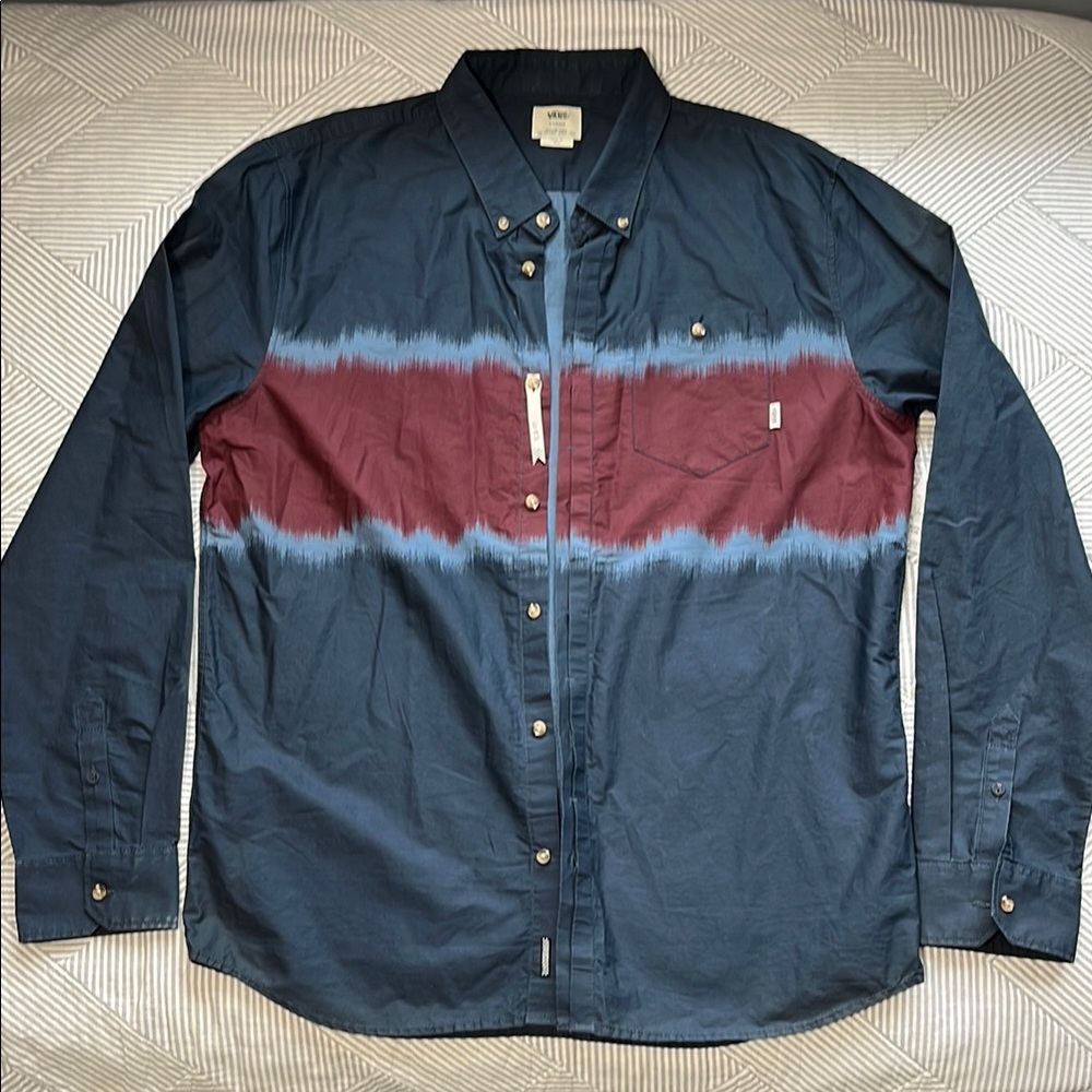 Vans Men's Slim Fit Blue and Burgundy Button-Up Shirt